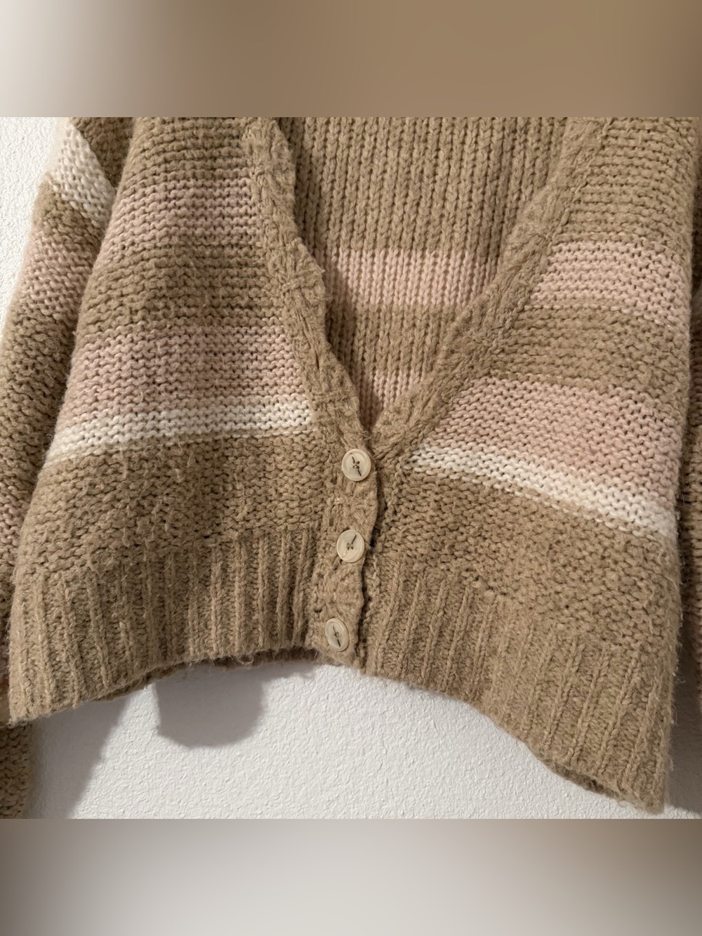 Free People Size XS Tan Cream Baby Pink Knit Striped Oversized Cardigan Sweater - Picture 6 of 10